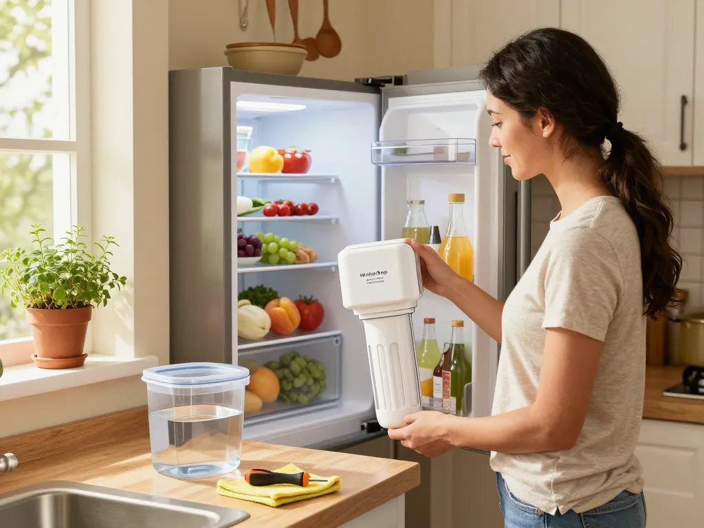 Homeowner replacing Waterdrop DA97-17376B Replacement for Samsung® HAF-QIN Refrigerator Water Filter in a bright kitchen.
