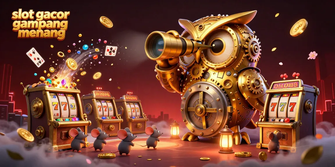 Experience the excitement of slot gacor gampang menang with decorative slot machines and a golden owl in a vibrant casino.