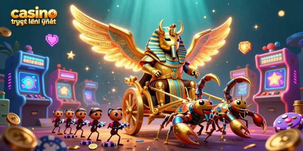 Chơi tại casino trực tuyến uy tín với hình ảnh hoạt hình 3D của bọ khiên vàng khổng lồ và đồ chơi sòng bạc rực rỡ.