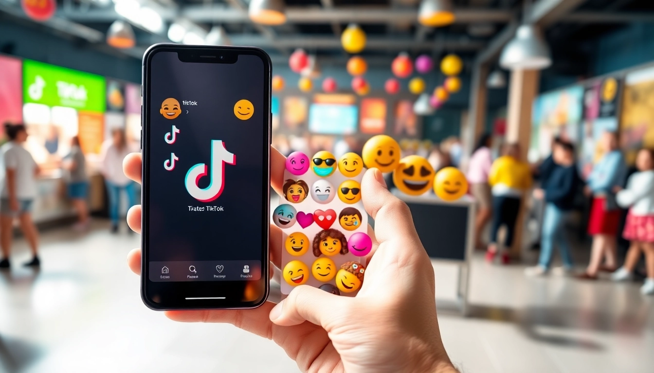 Engaging tiktok emojis displayed on a smartphone against a lively social media backdrop.