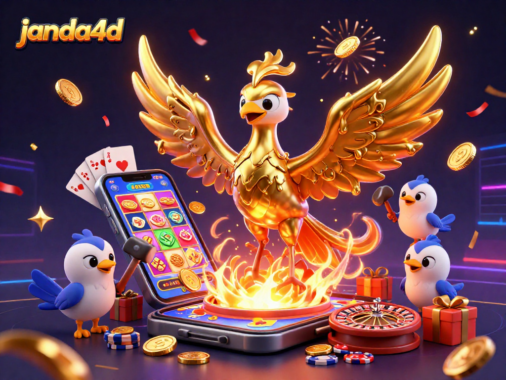 Permainan slot online janda4d dengan kemenangan berlimpah dan karakter kartun berkilau.