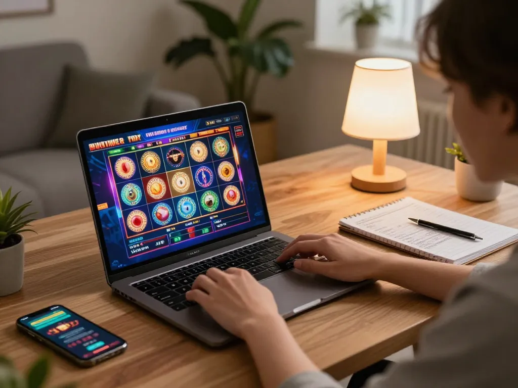 Engaging in slot depo 10k games online with vibrant graphics and strategic gaming setup