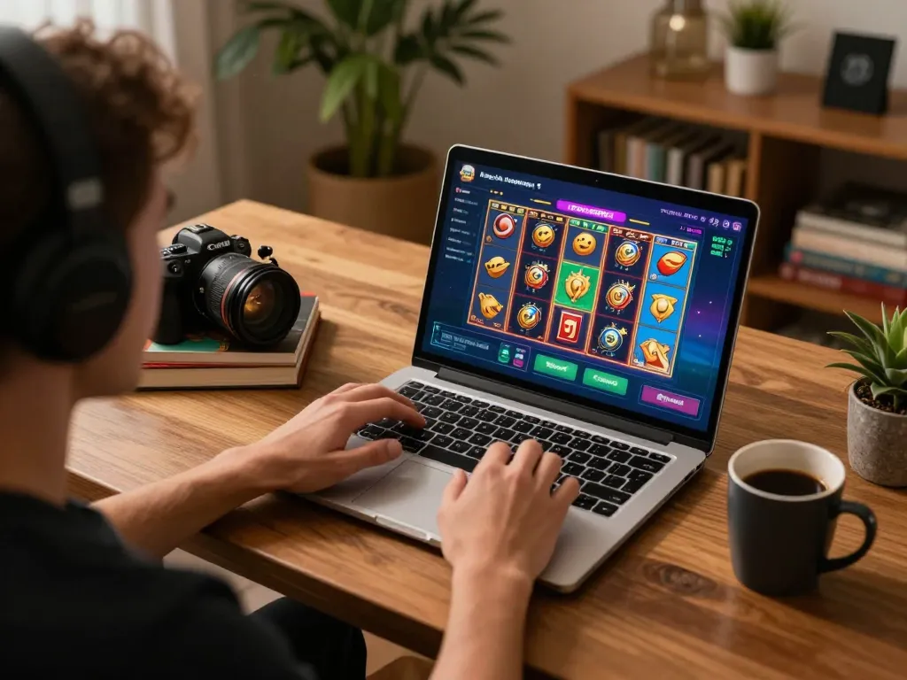 Engaging with the powernet slot game on a laptop in a cozy home environment, highlighting strategic gameplay.
