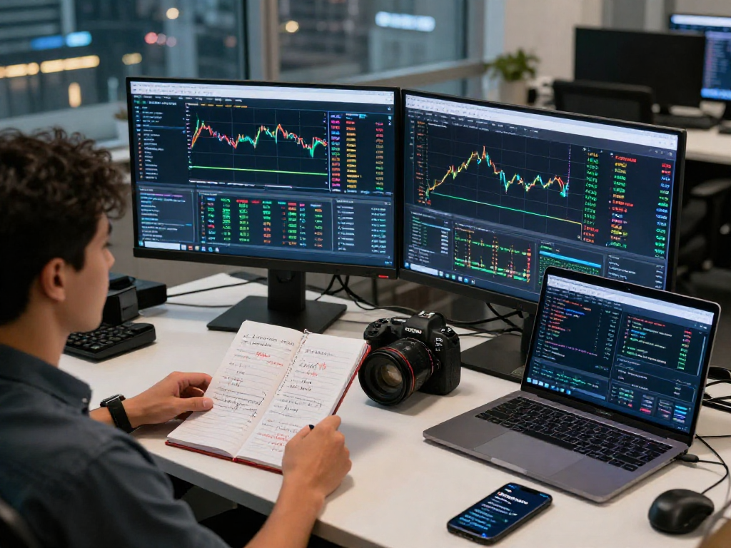 Focused trader using metatrader 5 on dual monitors with market charts.