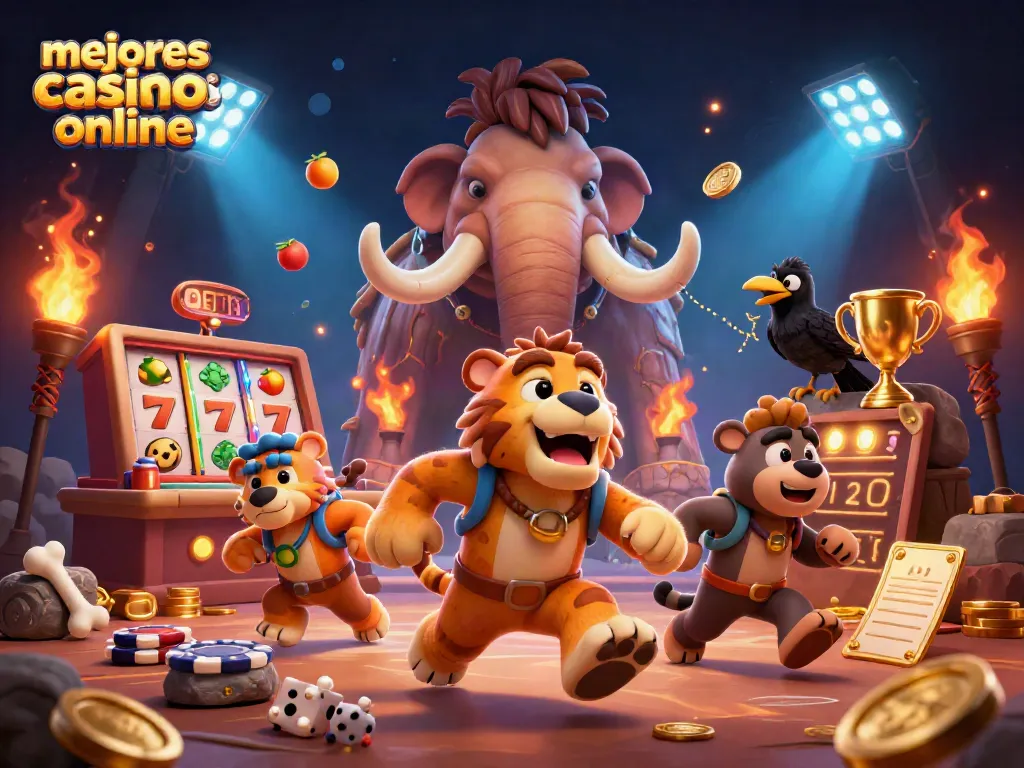 Los Mejores Casinos Online muestran un emocionante casino prehistórico con personajes únicos y elementos de juego vibrantes.