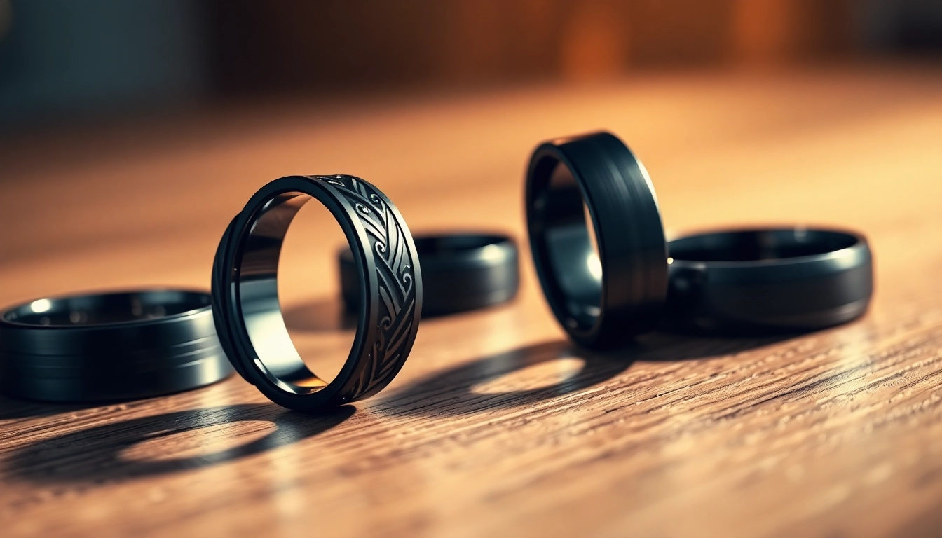 Stylish Black Wedding Rings for Men displayed on a sleek wooden table, showcasing modern designs.