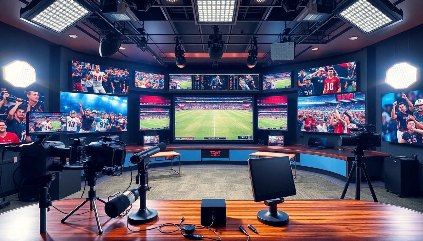 Dynamic sports broadcasting studio featuring high-tech equipment and vibrant memorabilia.