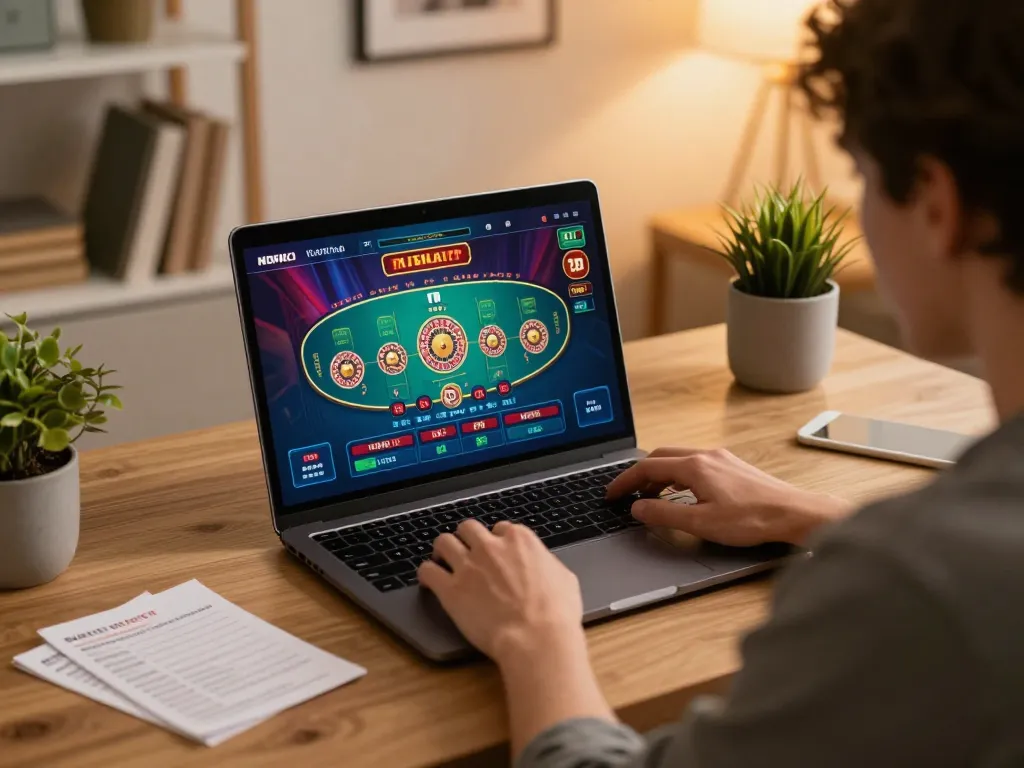 Player engaged in live casino gaming on laptop with warm home office ambiance, showcasing strategic gameplay.