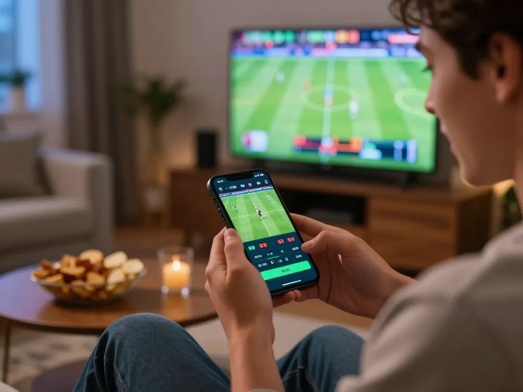 Excited player using a betting app for slot gacor gampang menang in a lively home gaming atmosphere.