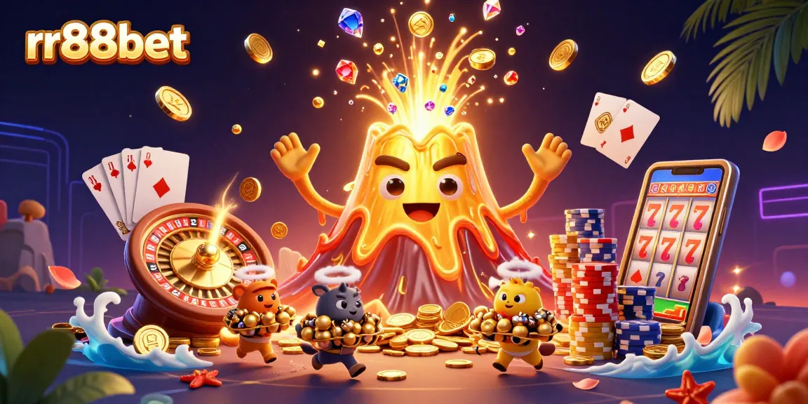rr88bet showcases a majestic golden volcano erupting coins and gems, creating a vibrant casino atmosphere.