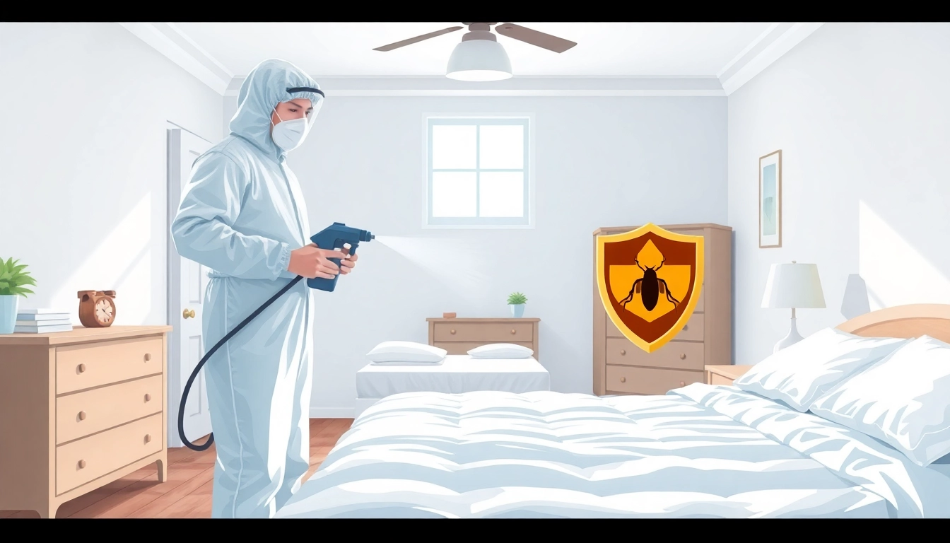 Exterminator applying bed bug chemical treatment in clean, bright bedroom.