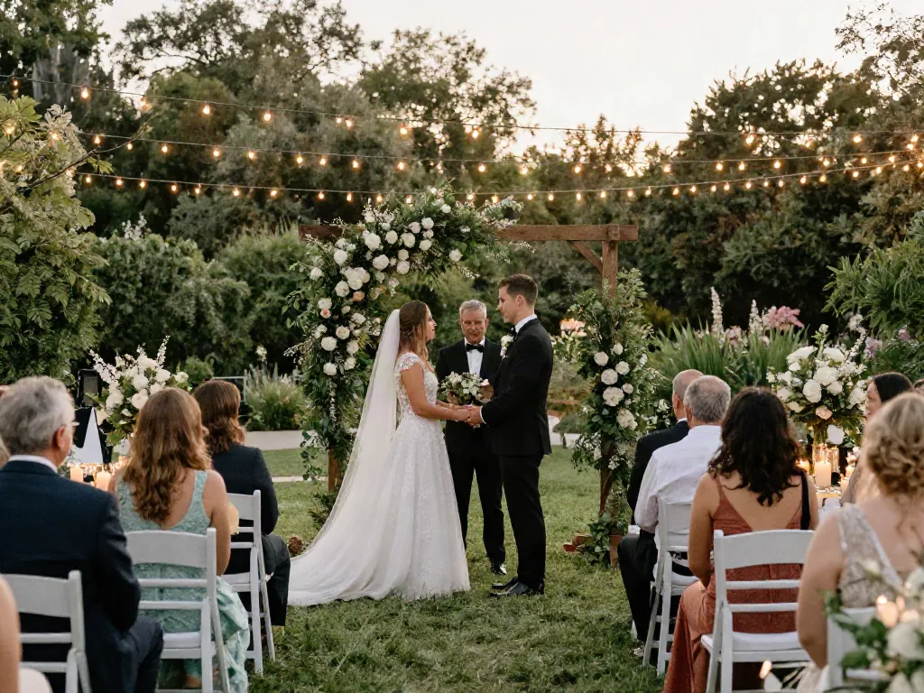 Event rentals transforming a wedding ceremony with stunning decor, intimate atmosphere, and elegant setting
