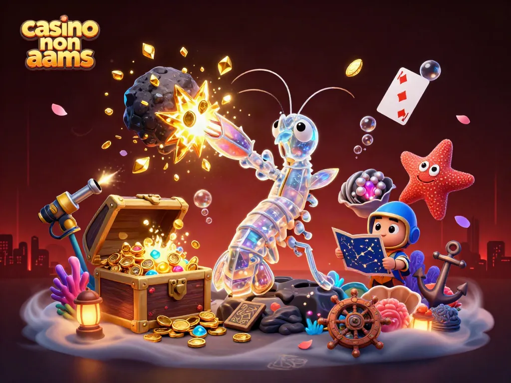 I giocatori esplorano thrilling casino non AAMS tra gemme e monete dorate, immersi in un'illustrazione fantastica.