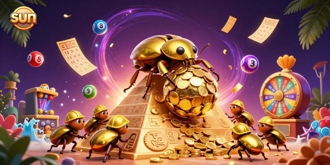 Engage in thrilling casino fun with the sun-branded dynamic scene of golden beetles and vibrant lottery elements.