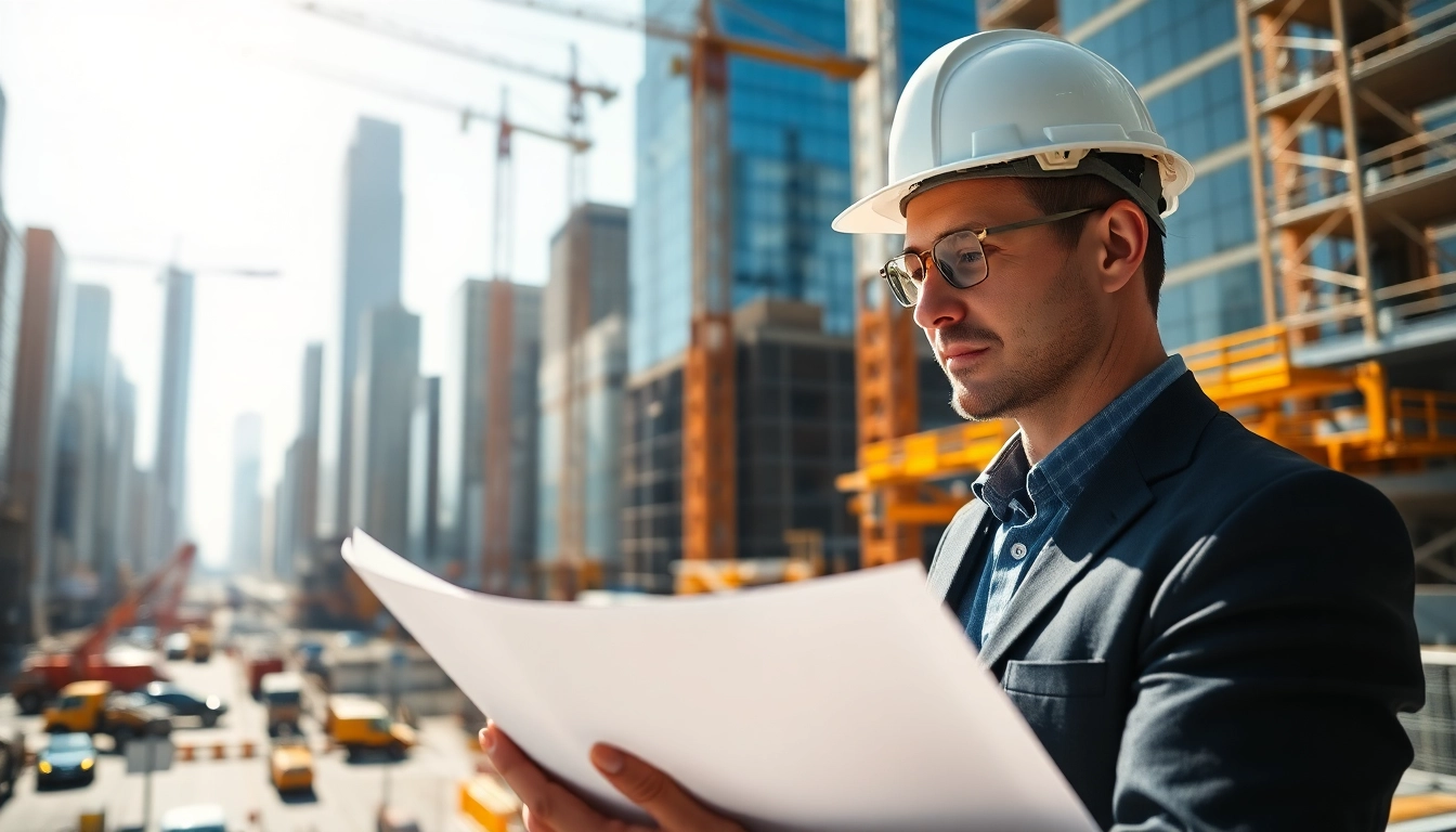New York City Construction Manager reviewing plans on-site to ensure project efficiency.