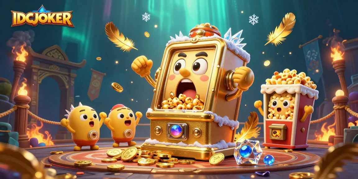 IDCJOKER golden slot machine celebrates jackpot victory with joyous baby slots in a vibrant casino setting.