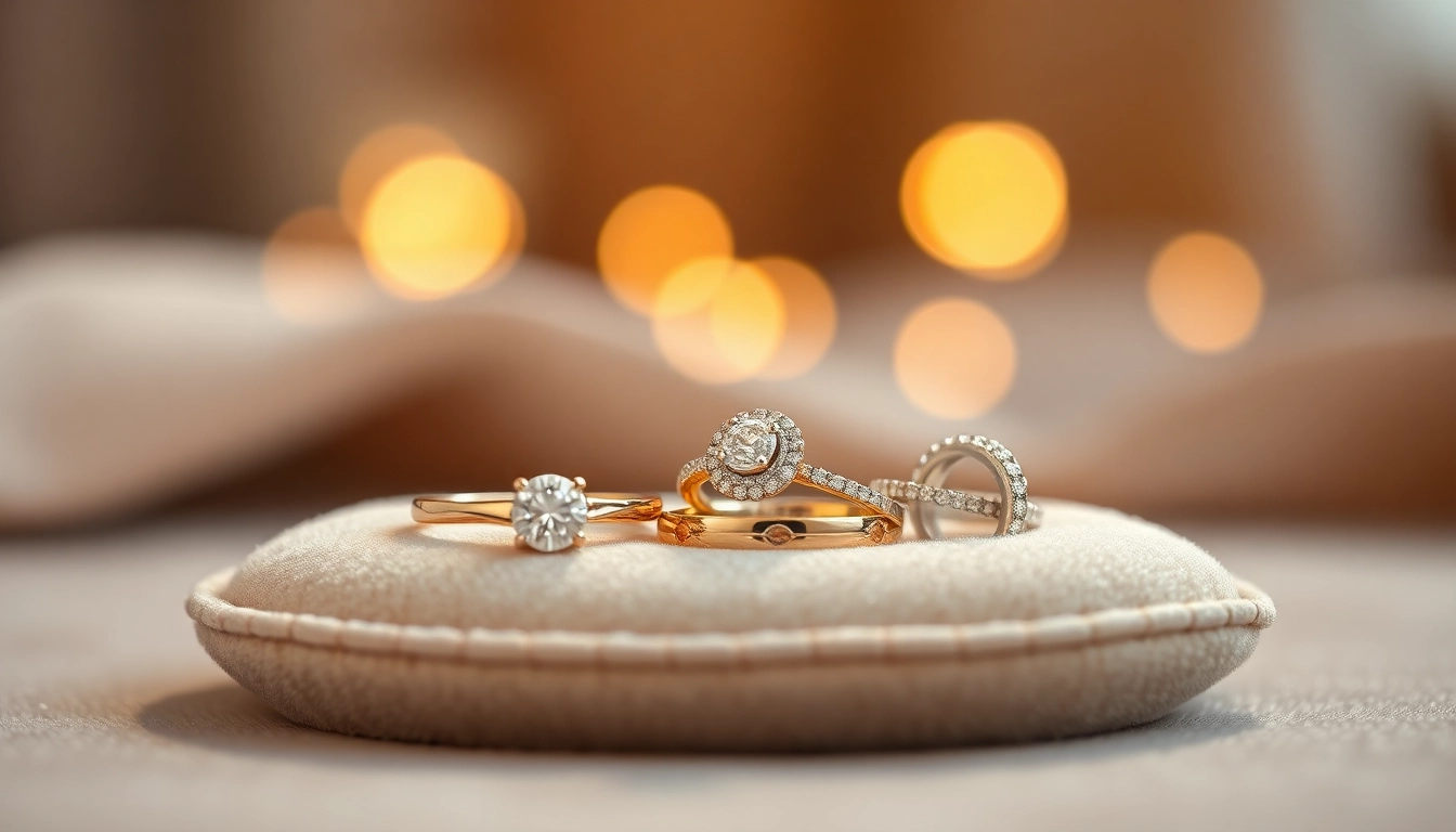 Admiring exquisite wedding rings with a soft glow, showcasing luxury and elegance.