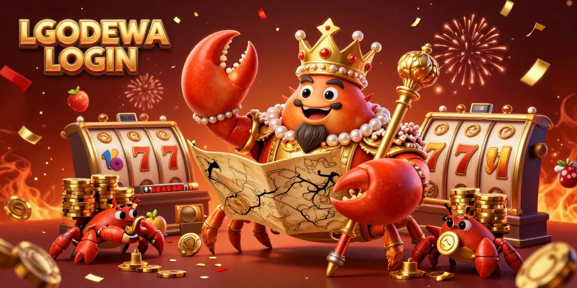 Experience LGODEWA LOGIN with a vibrant slot game illustration featuring a golden crab and dynamic elements.