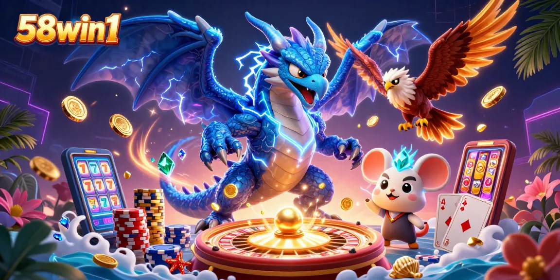 Experience exhilarating wins with 58win1 as colorful casino elements come alive in this dynamic scene.