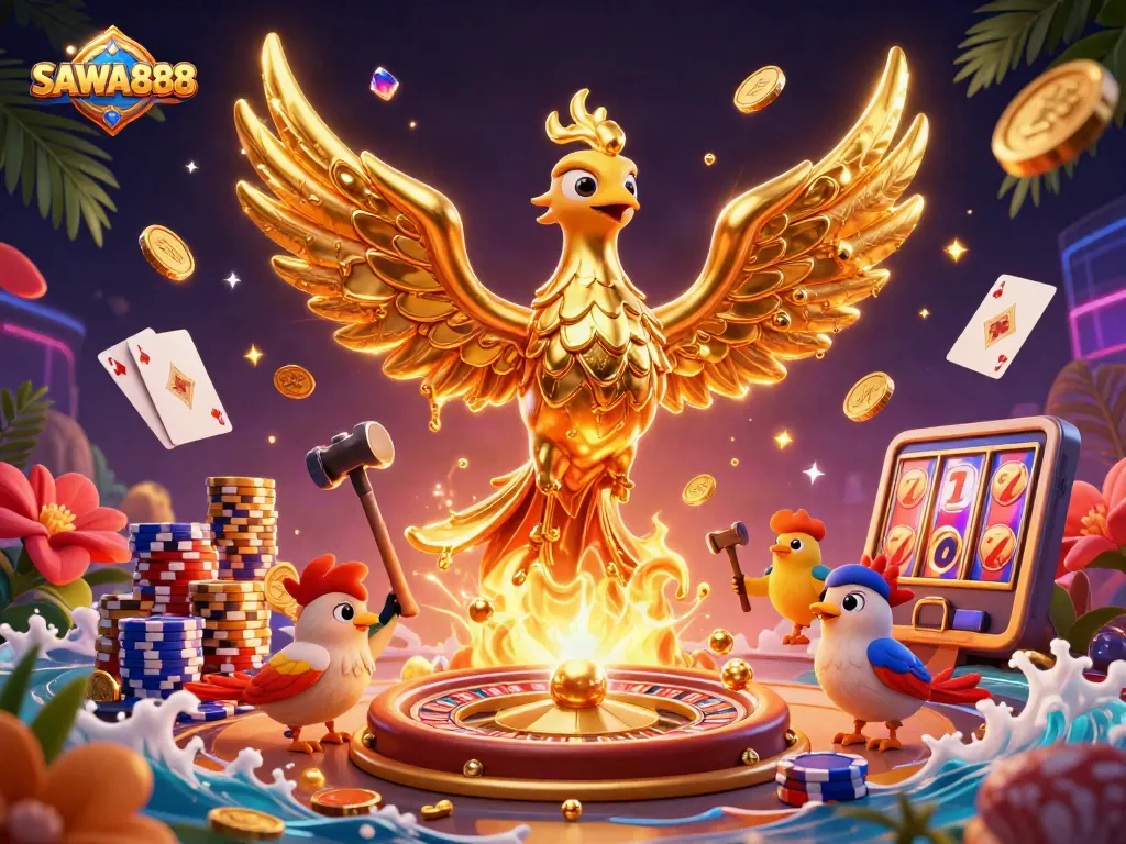 Experience the excitement of winning with SAWA888 as the golden phoenix rises in this vibrant casino illustration.