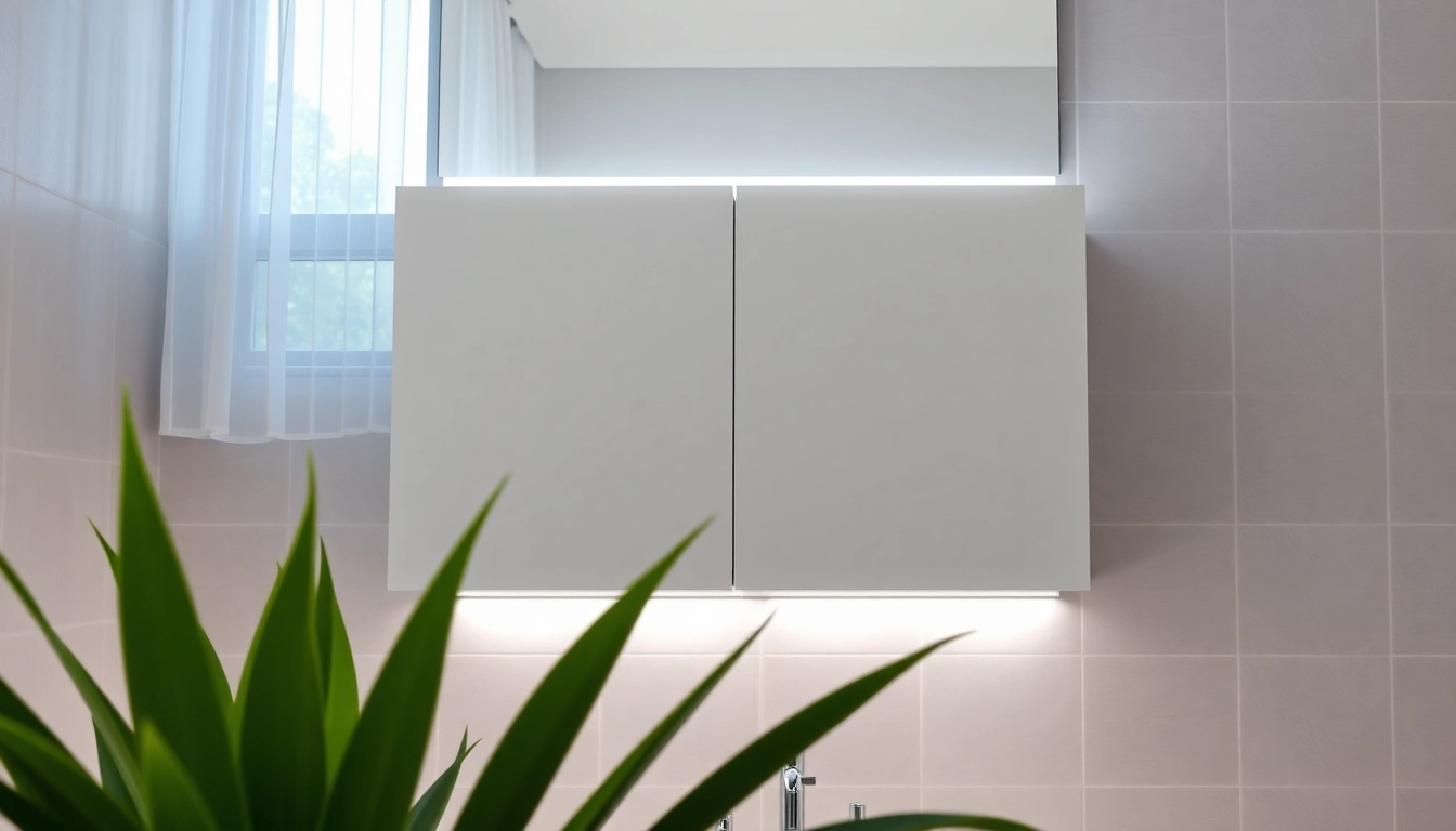 Stylish illuminated bathroom cabinets with integrated lighting enhancing a modern bathroom design.