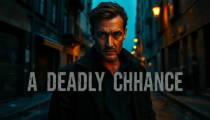 Intense detective gazing through moody urban streets in A Deadly Chance thriller.