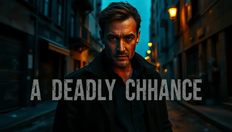 Intense detective gazing through moody urban streets in A Deadly Chance thriller.
