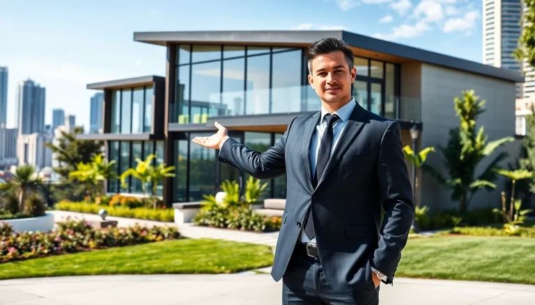 Real Estate agent presenting a modern home in a bustling urban environment with bright sunlight.