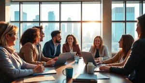 Engaged professionals discussing Chicago jobs in a vibrant office environment.