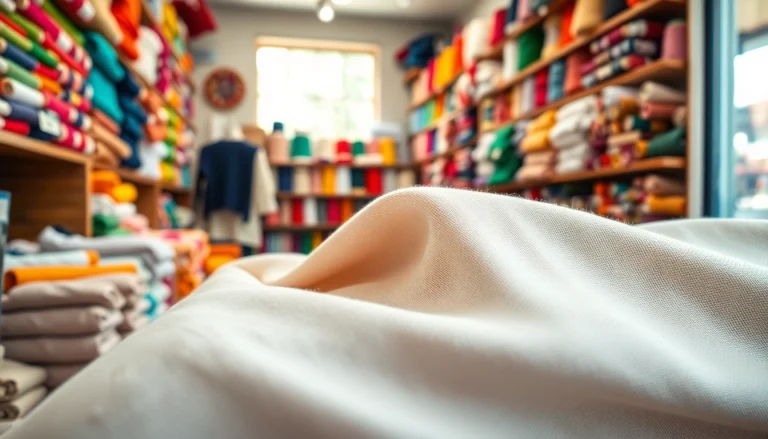 Katoen stof met een rijke kleur en textuur in een stoffenwinkel afgebeeld.