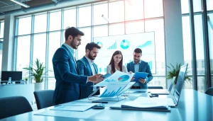 SEO consulting company team strategizing in a modern office with analytics display.