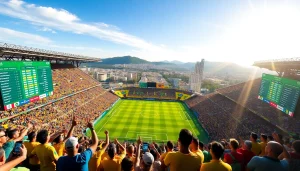 Analyze the best sports betting sites in Brazil with vibrant visuals of betting markets and stadium atmosphere.