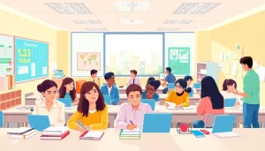 Engaged students collaborating in an Education-focused classroom with various learning tools.