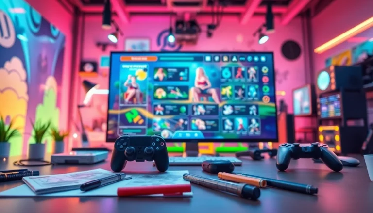 Engaging Freedom X AI game maker interface showcasing vibrant creativity in a tech workspace.