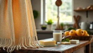 Kaasdoek mooi gepresenteerd met versgemolken melk en kaas op een houten tafel.