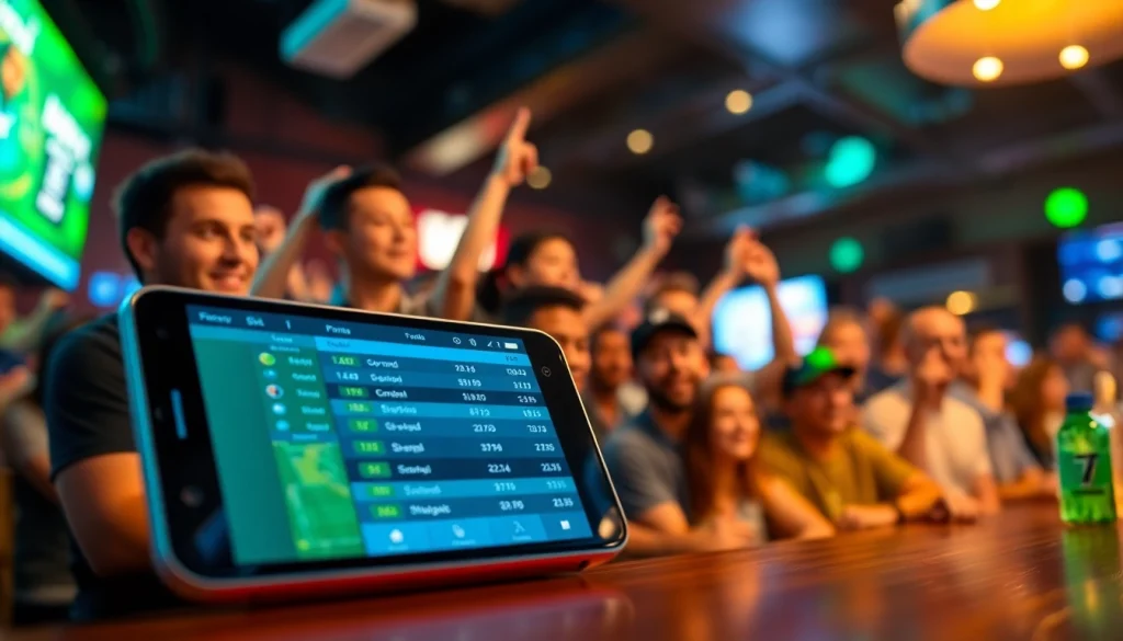 Dynamic interface of sports betting apps India showcased on a mobile device in an energetic setting.