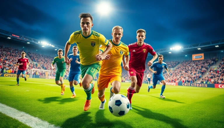 Soccer players in vibrant team kit showcasing teamwork and competition on the pitch.