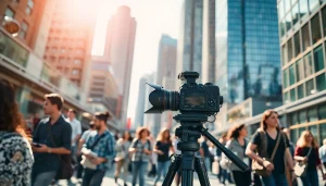 Capture the essence of on-location videography toronto with a professional videographer in an urban setting.