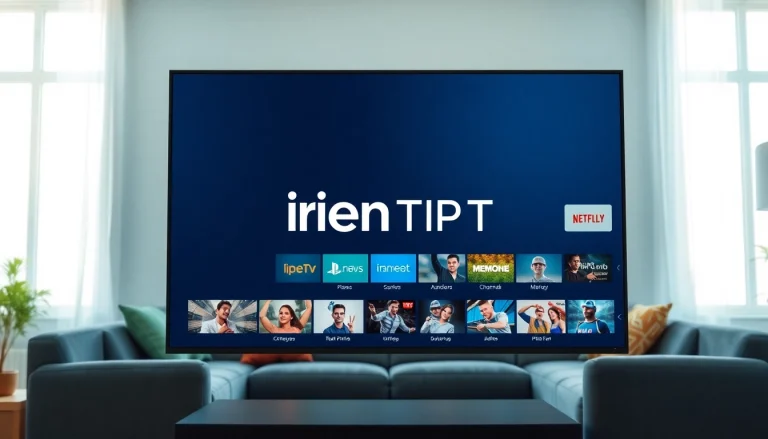Show the iron IPTV interface on a smart TV in a cozy living room setting.