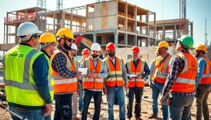 Contractors collaborating actively at a Southern California construction site, showcasing teamwork.