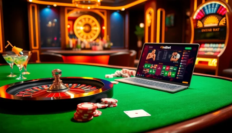 Indibet salad showcased in a vibrant casino scene with poker chips and a roulette table.