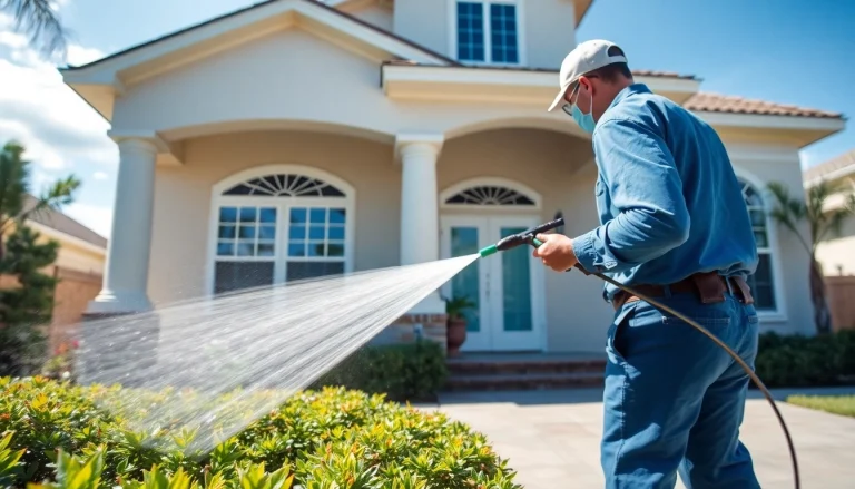 Soft wash technician cleaning a residential home exterior, showcasing professional soft washing services in Kissimmee, FL.