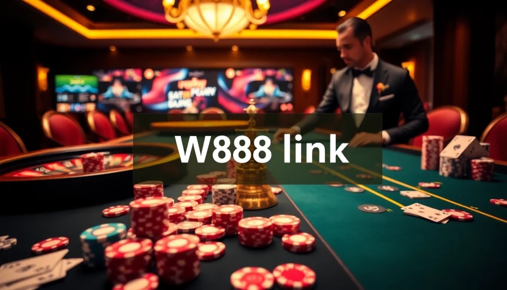 Experience the thrill of gaming at W88 link with vibrant poker chips and a roulette wheel in the casino.