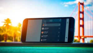 Showcasing sports betting apps California on a smartphone against California landmarks.