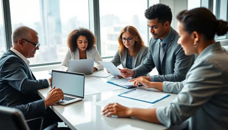 Illustration of Contract Management process with a focused team collaborating in an office.