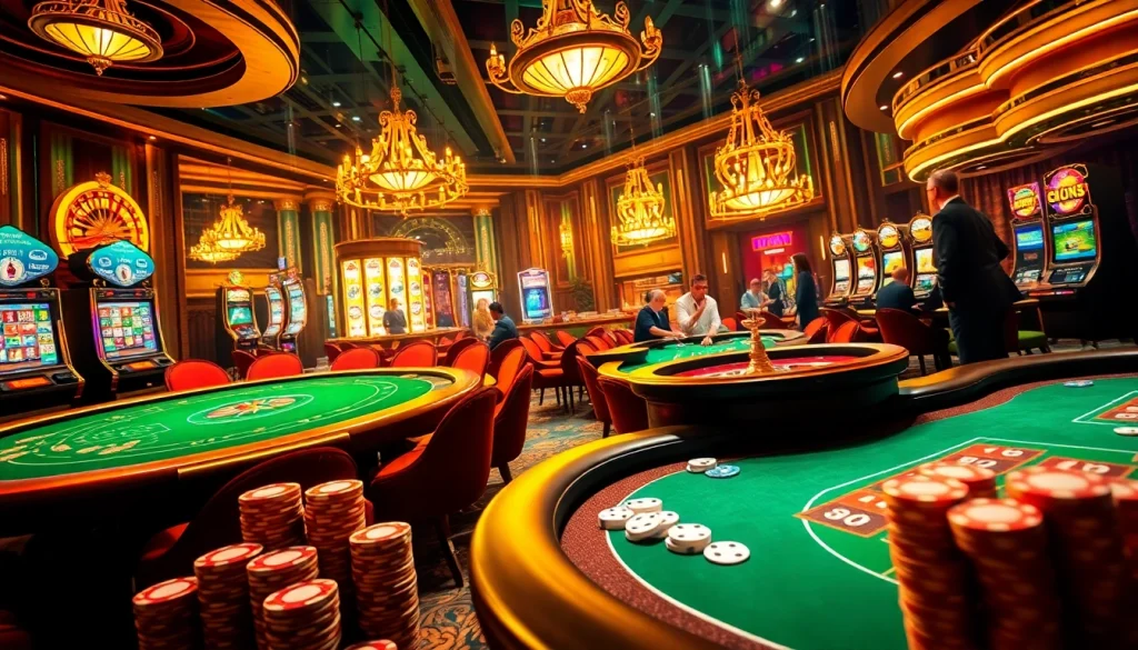 Thrilling casino experience featuring poker tables and vibrant slot machines, embodying 'Nếu như vậy bám vào đây'.