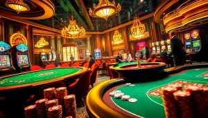 Thrilling casino experience featuring poker tables and vibrant slot machines, embodying 'Nếu như vậy bám vào đây'.