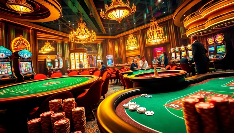 Thrilling casino experience featuring poker tables and vibrant slot machines, embodying 'Nếu như vậy bám vào đây'.
