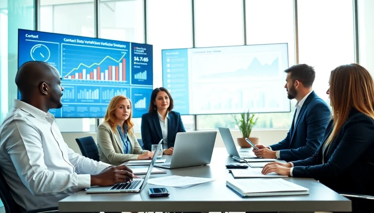 Contact data verification in a modern office setting with diverse professionals collaborating and analyzing data.