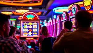 Gamer enjoying slot pulsa at a vibrant casino with glowing slot machines.